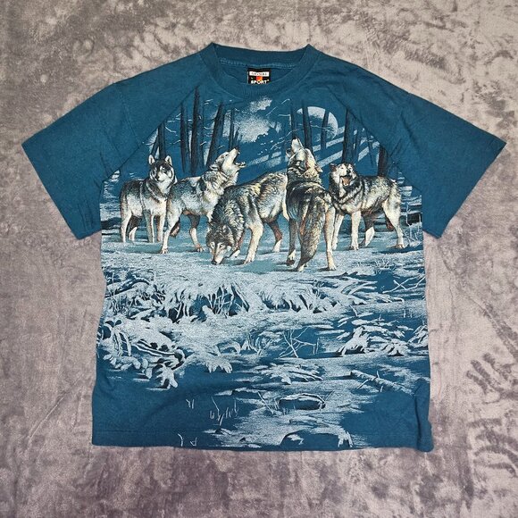 Vintage Signal Sports Tag HABITATXCIV Wolf Pack AOP Shirt Large Made In The USA - Picture 1 of 11